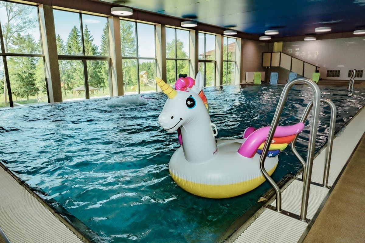 Hallenbad Ein aufblasbares Einhorn schwimmt in einem Hallenbad mit großen Fenstern, die den Blick auf die Bäume draußen freigeben.